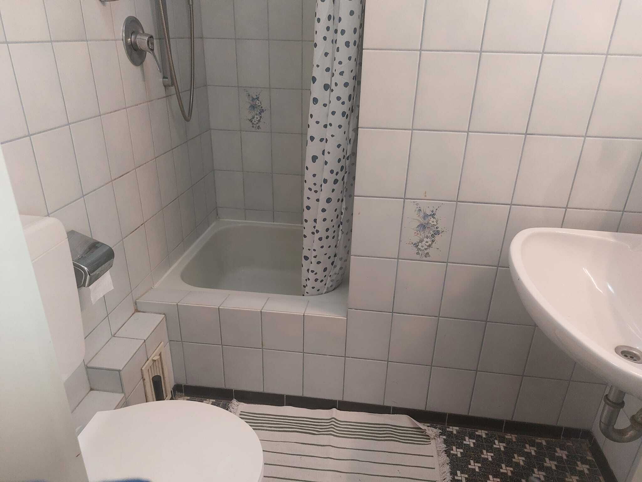 A bathroom with a shower, toilet, and sink.