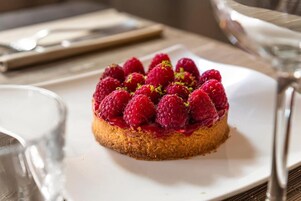 A dessert on a white plate.