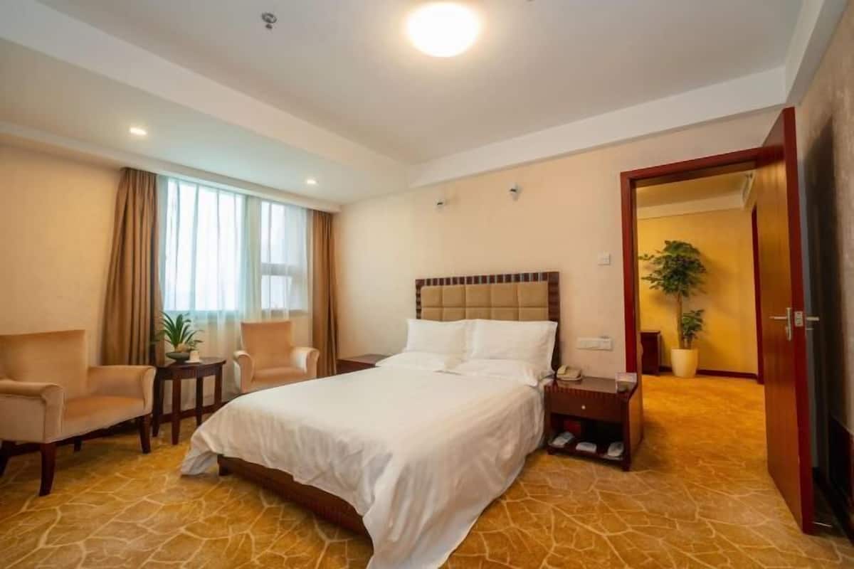 A hotel room with a bed, two armchairs, a small table, a nightstand, and a potted plant.
