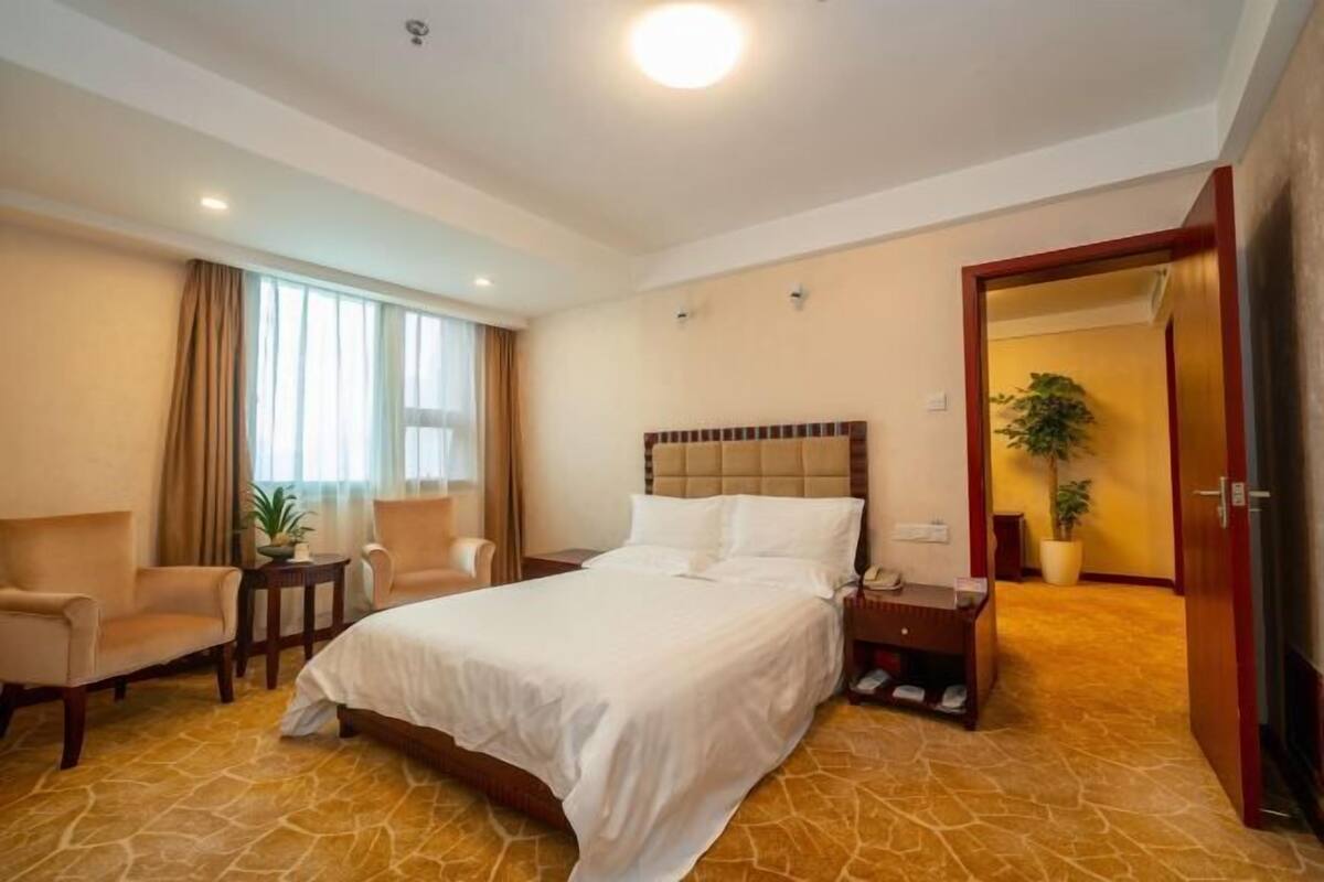 Ein Hotelzimmer mit einem Bett, zwei Sesseln, einem kleinen Tisch, einem Nachttisch und einer Zimmerpflanze.