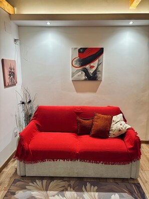 Een rode bank met een plaid en twee kussens, een lijst met abstract schilderij en een vaas met gedroogde planten aan de muur.