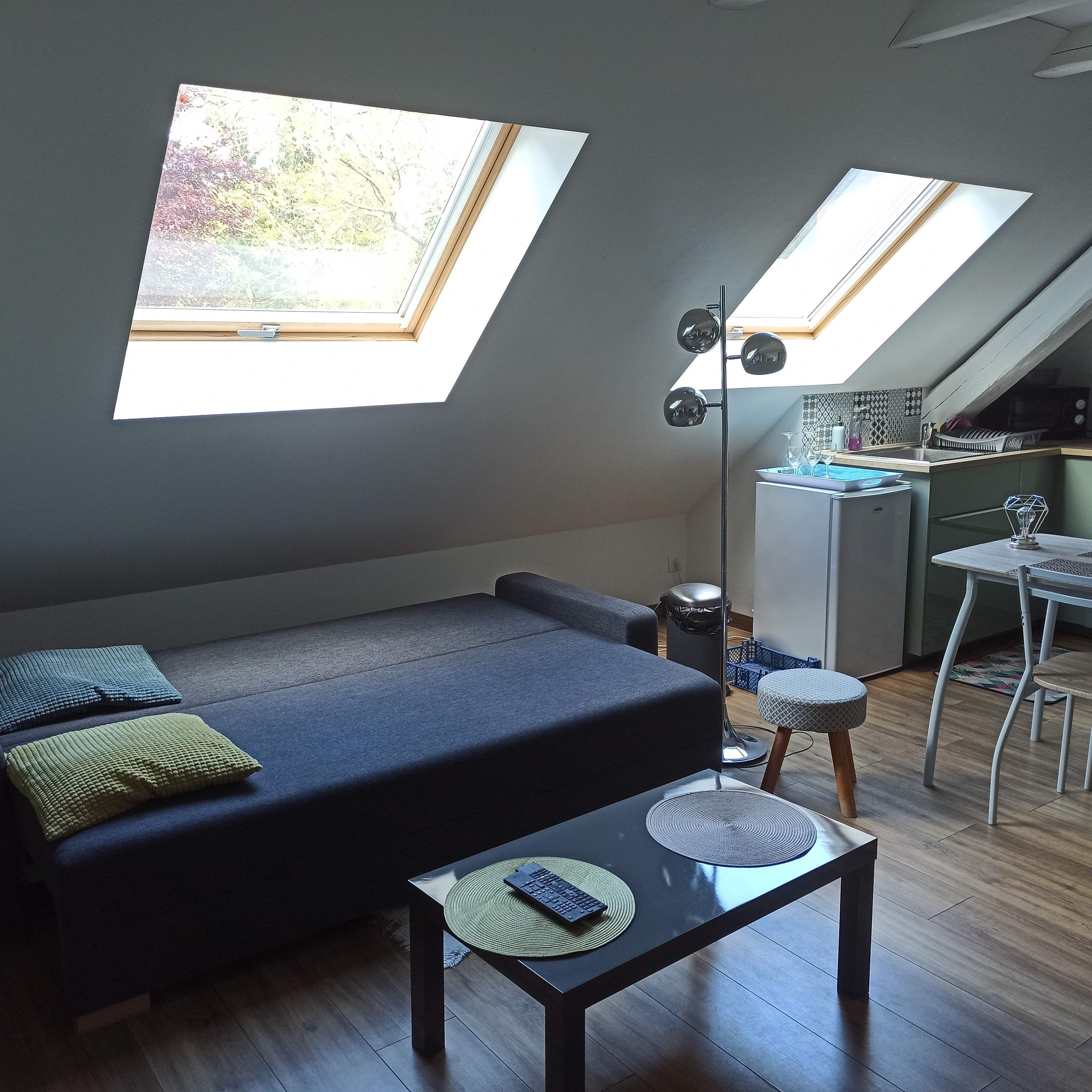 Un espace de vie compact comprenant un canapé, une petite table et une kitchenette.