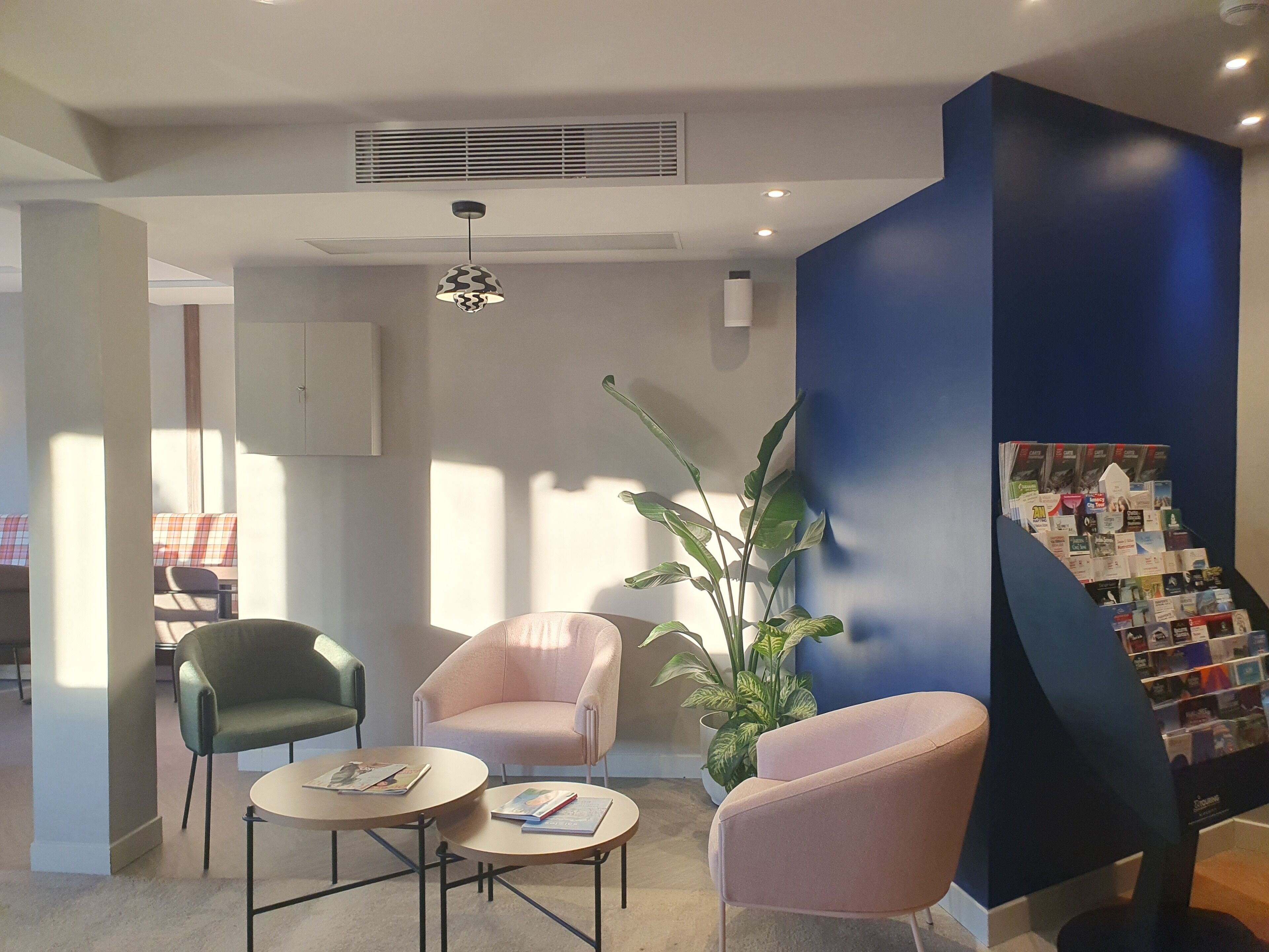 A modern waiting area with a blue accent wall, a large potted plant, and two armchairs.