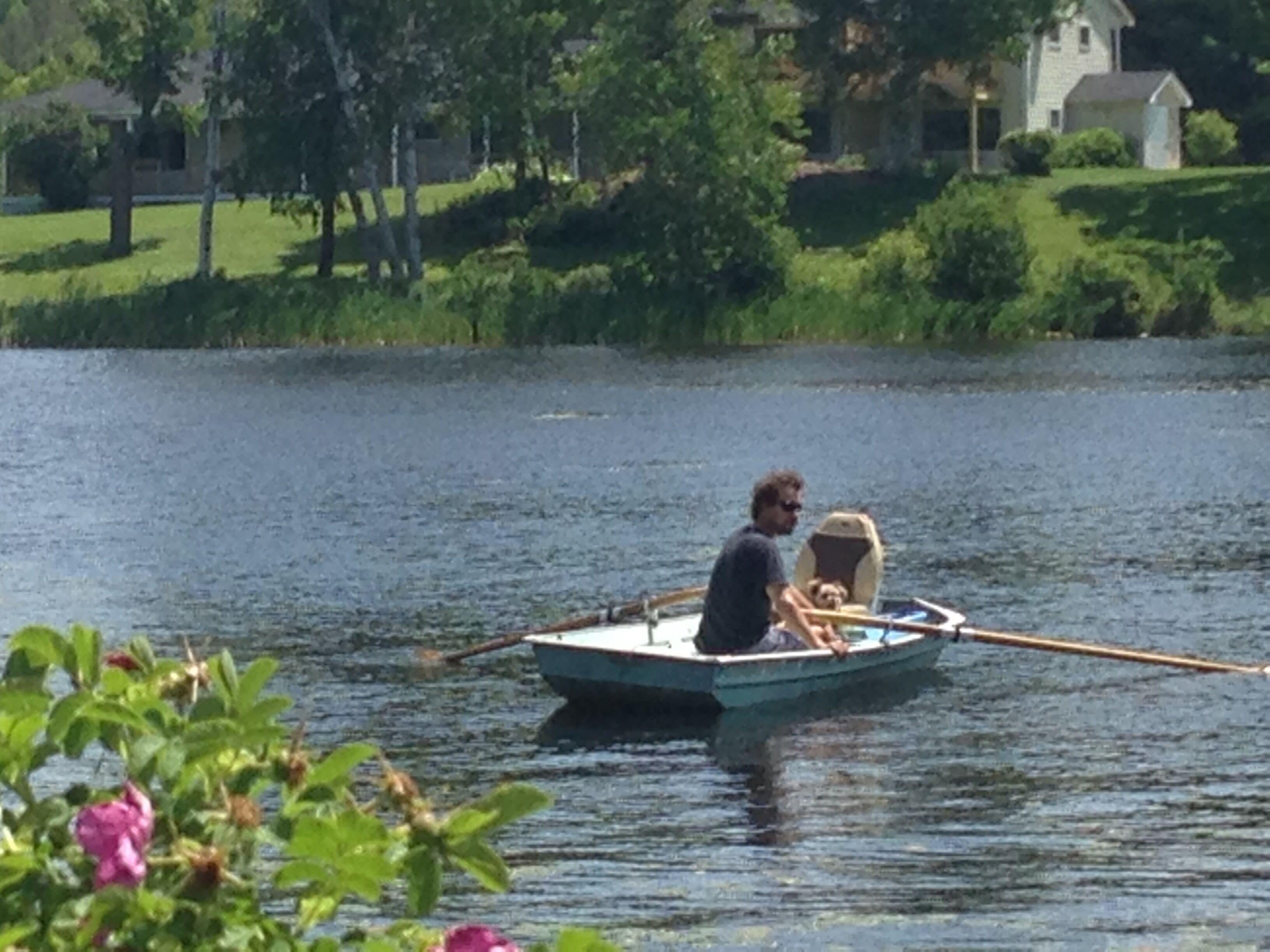 Un petit bateau sur un lac paisible, avec une personne et un chien à bord.