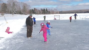 Un grupo de personas patinando sobre hielo en un lago congelado, con árboles al fondo.
