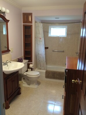 Combined shower/tub, hair dryer, towels, soap
