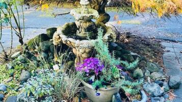 A garden with a tiered stone fountain, various plants, and a paved walkway.