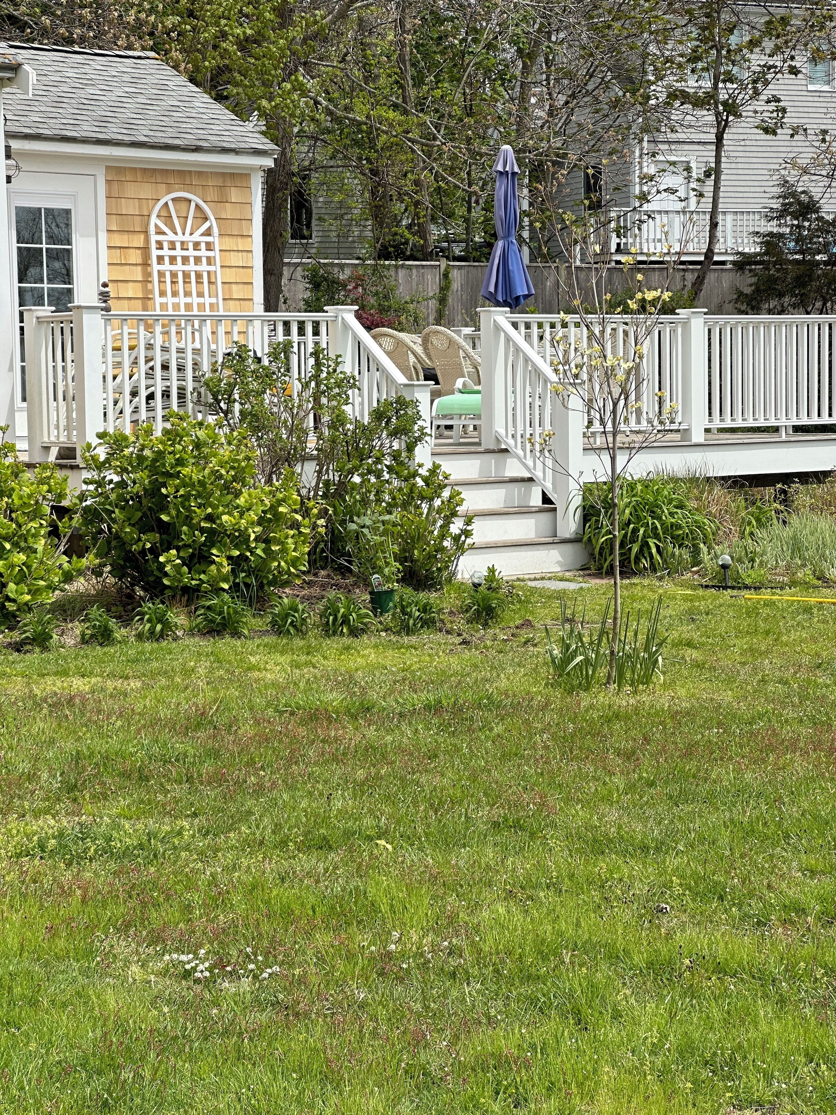 A house with a deck, a covered outdoor seating area, and a small garden.