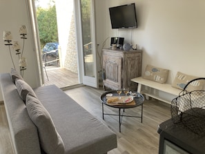 TV connectée, cheminée, table de tennis de table, livres