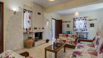 Smart TV, fireplace, books