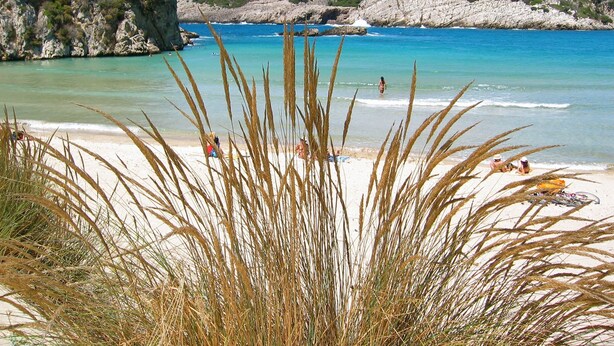 Een strand met helder turquoise water, rotsachtige kliffen en schaarse begroeiing.