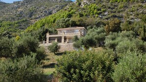 Een stenen huis met een balkon, omgeven door olijfbomen en een bergachtige achtergrond.