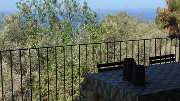 Enjoy a tranquil sea view from this outdoor terrace, featuring a table and two chairs.