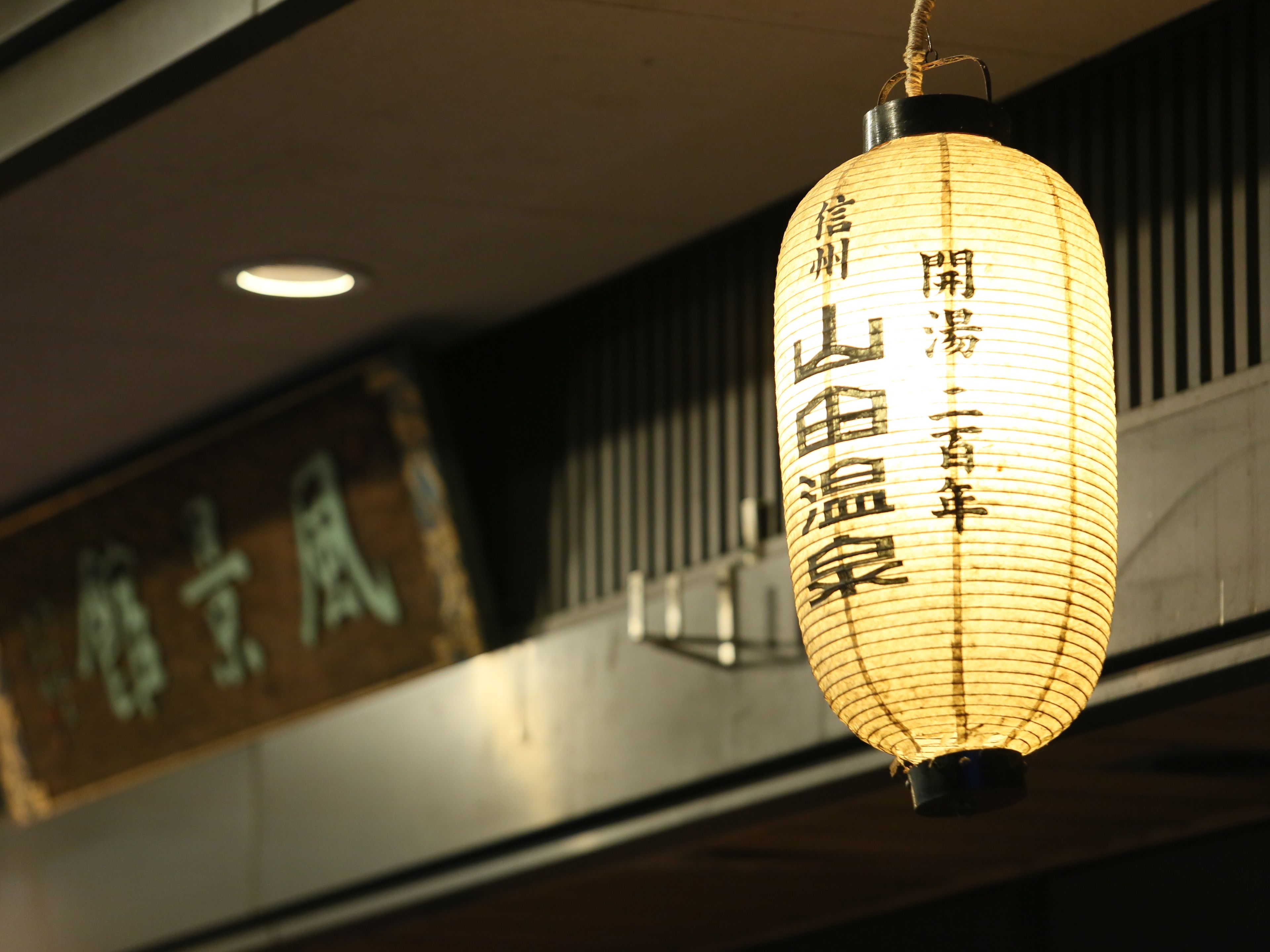 A hanging paper lantern with Japanese characters.