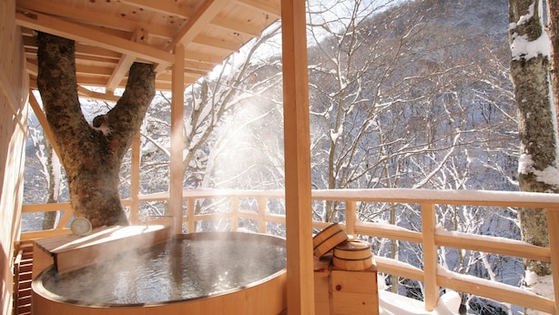 A wooden hot tub with a view of snow-covered trees. - Fukeikan (Takayama)