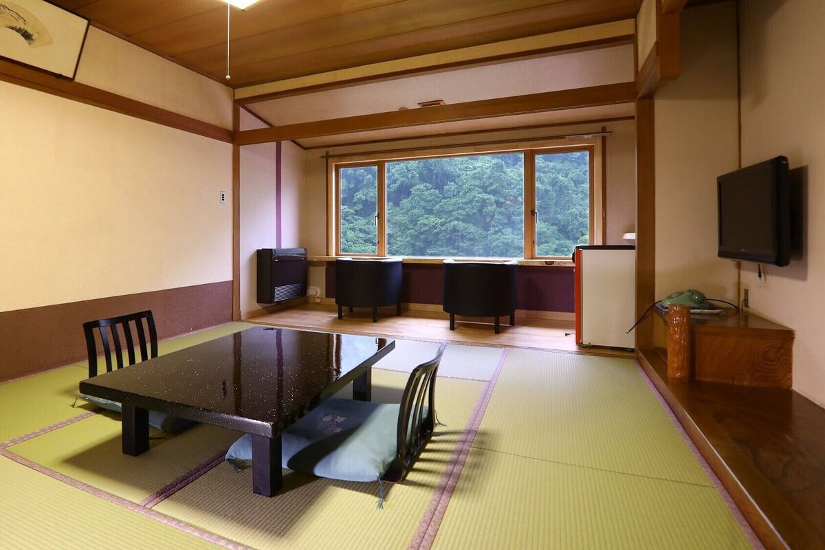 A tatami mat room with a low table, chairs, a speaker, and a TV.