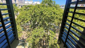 A view from a balcony with metal railings, a tree in the foreground, and buildings in the background.