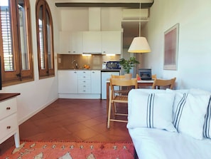 Un ambiente compatto con angolo cottura, zona pranzo con tavolo e sedie, e divano.