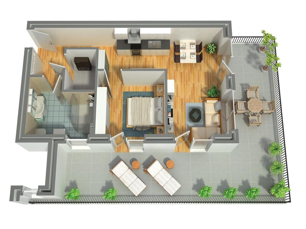 A 2D floor plan of a modern apartment with a kitchen, living room, dining area, and a balcony with potted plants.
