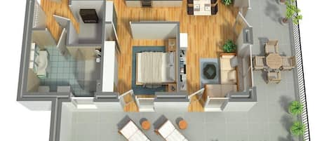 A 2D floor plan of a modern apartment with a kitchen, living room, dining area, and a balcony with potted plants.