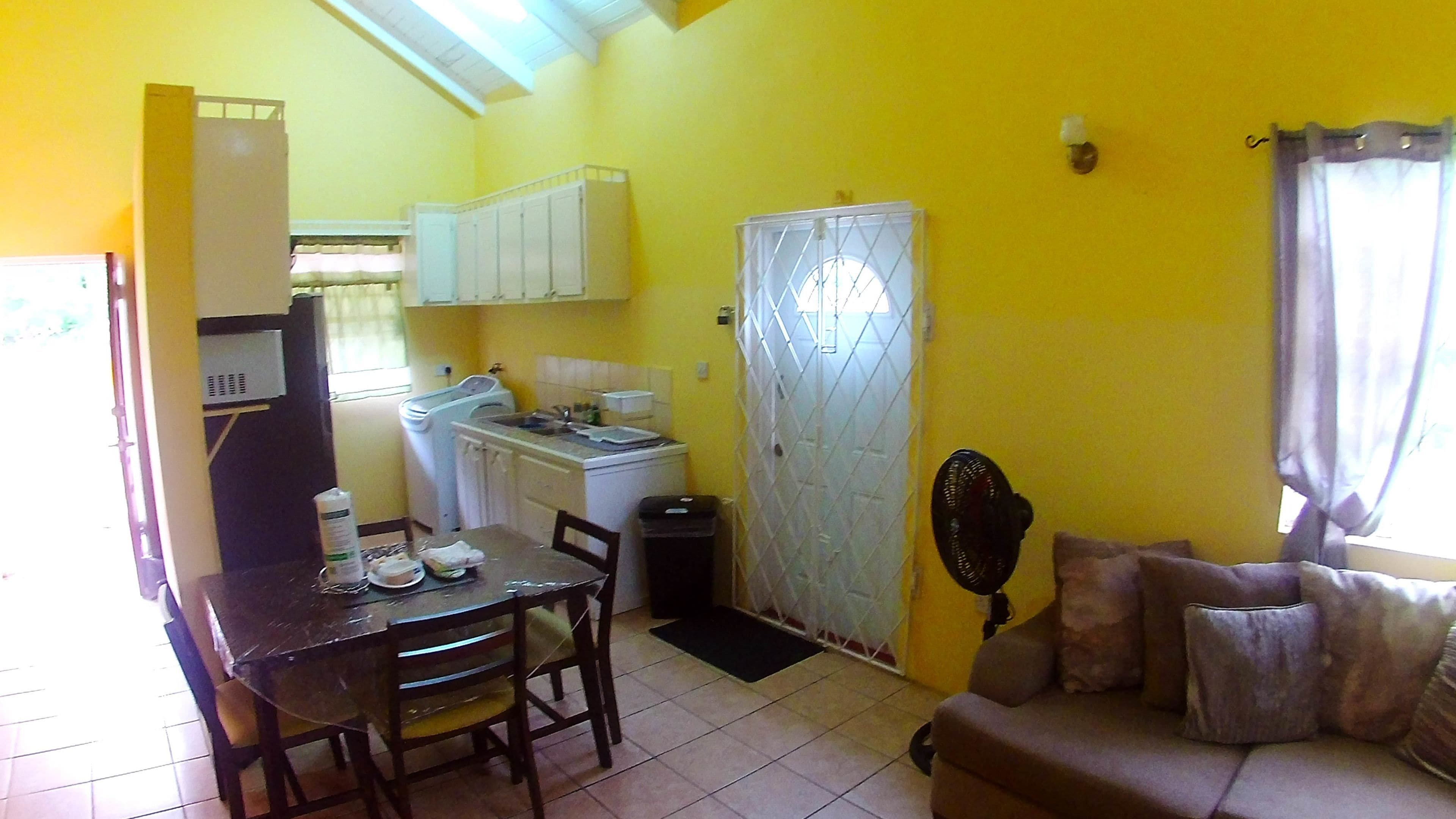 Un espacio habitable compacto con comedor, kitchenette y sofá.