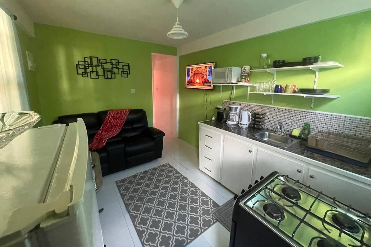 A compact kitchen with a gas stove, white cabinets, and a microwave. A black sofa with a red throw blanket is in the adjacent living area.