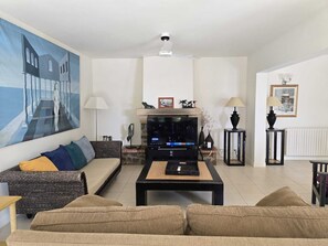 Smart TV, fireplace, video games, DVD player