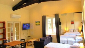 Una habitación con una mesa de comedor de madera, dos sillas, un sofá, un televisor y una cama con un espejo.