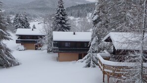 A snow-covered village with traditional wooden houses, a clear sky, and a mountainous backdrop.