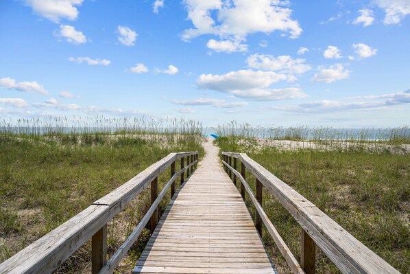 On the beach, sun-loungers
