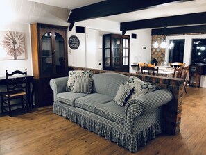 Smart TV, fireplace, DVD player, books