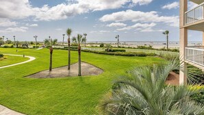 Une pelouse bien entretenue, agrémentée de palmiers, un chemin sinueux et une vue sur la plage.