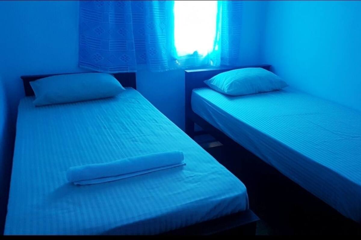 Dos camas individuales con sábanas blancas, una ventana con cortinas estampadas y una habitación con tonalidad azulada.
