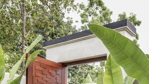 A wooden door with a brick pattern, leading to a concrete pathway surrounded by lush greenery.