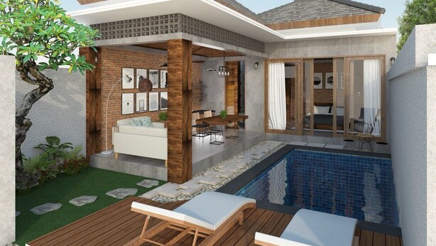 A modern house with a swimming pool, a patio with lounge chairs, and a dining area.