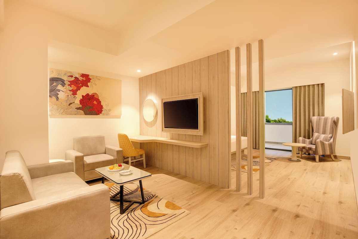 A modern living room with a flat-screen TV, a sofa, a coffee table, and a decorative rug.