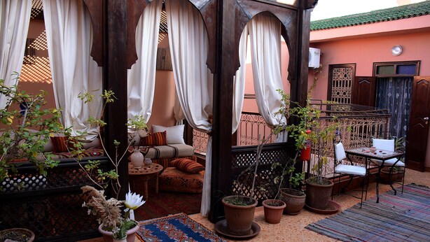 A cozy outdoor seating area with a sofa, chairs, and a table, surrounded by potted plants and a patterned rug. - Riad Dar Leuleu (Marrakech)