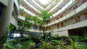 Un atrio de varios niveles con plantas en macetas y un árbol central.