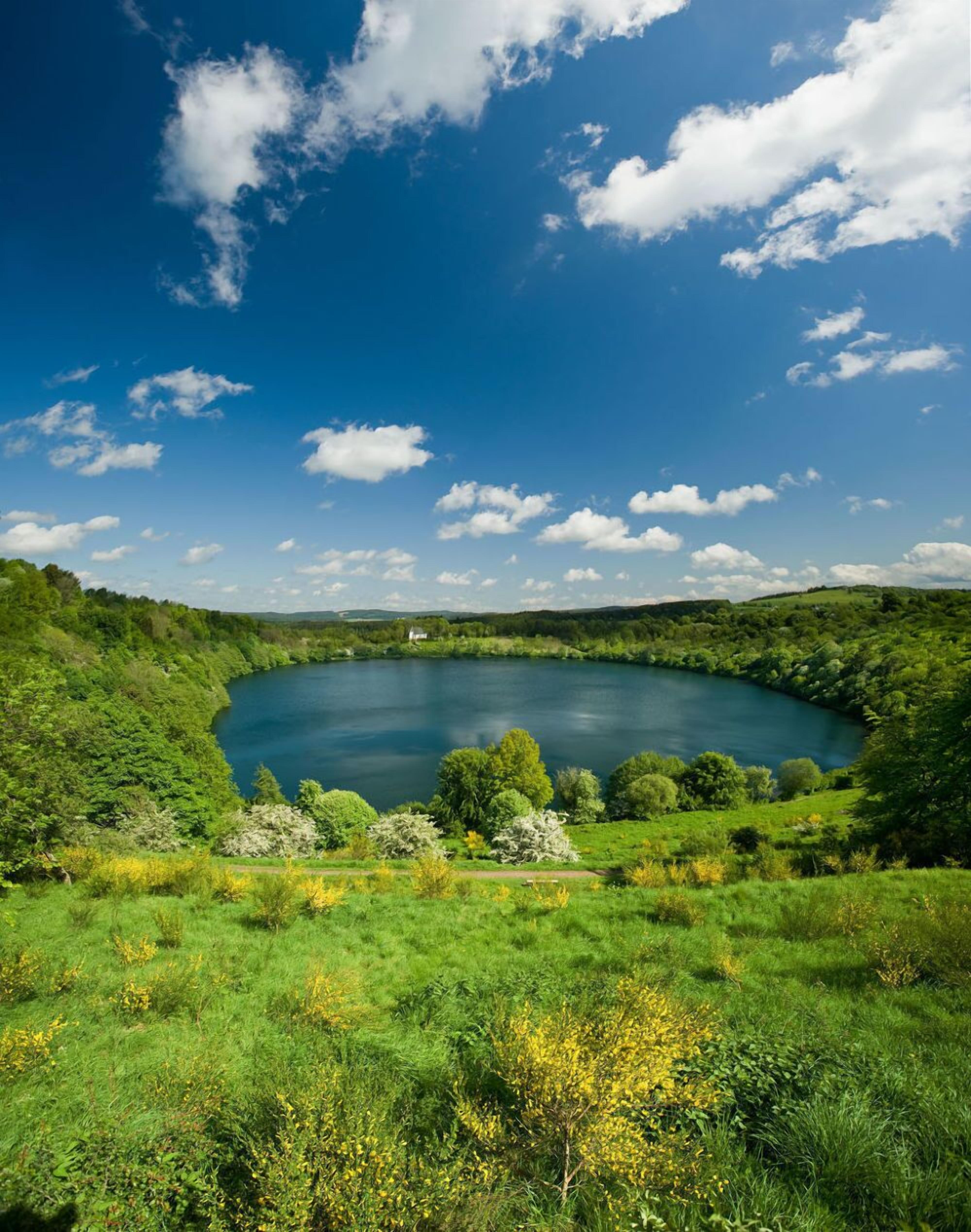 A lake surrounded by lush greenery and a clear blue sky.