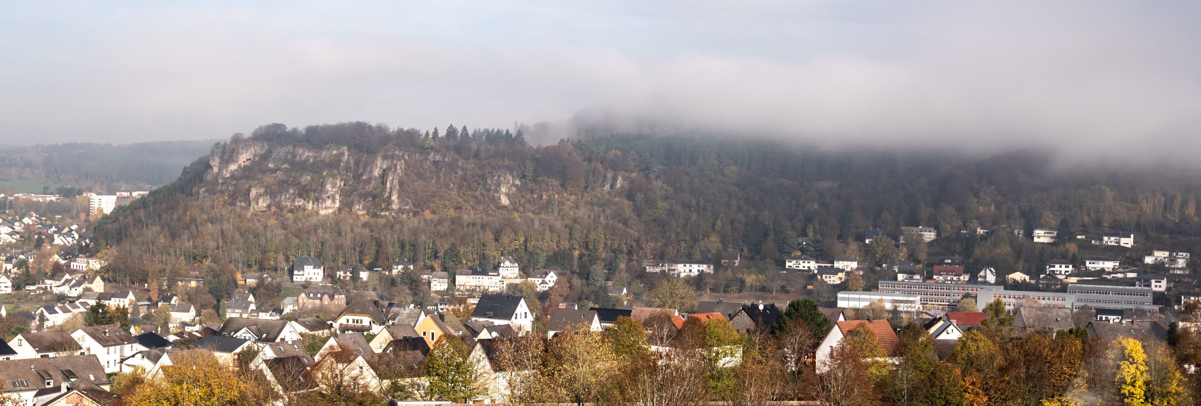 A town with buildings on a hillside, surrounded by trees and fog.