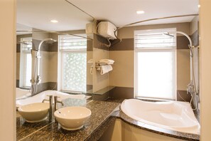 Combined shower/tub, jetted tub, hair dryer, bidet