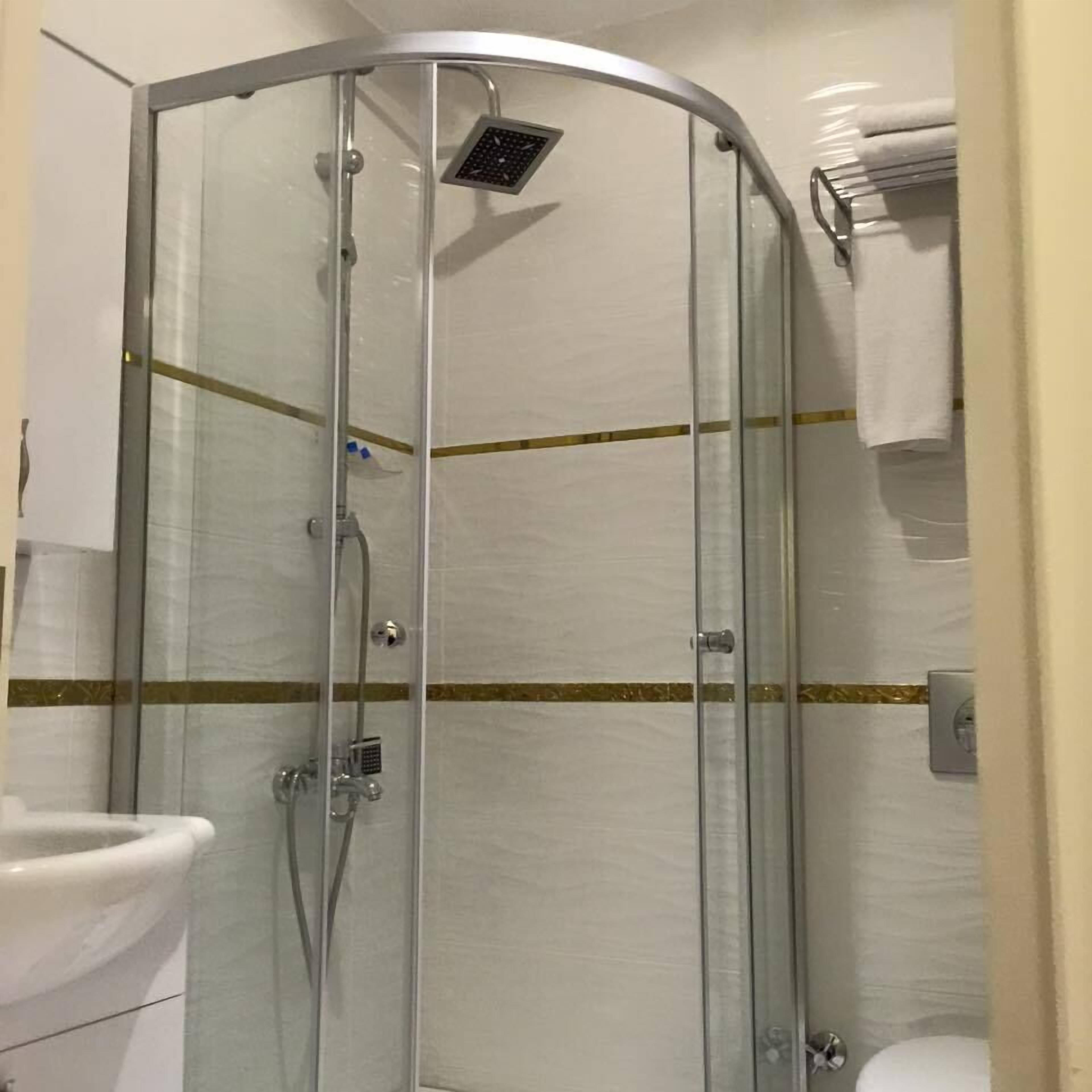 A glass-enclosed shower stall with a handheld showerhead and a wall-mounted control panel.