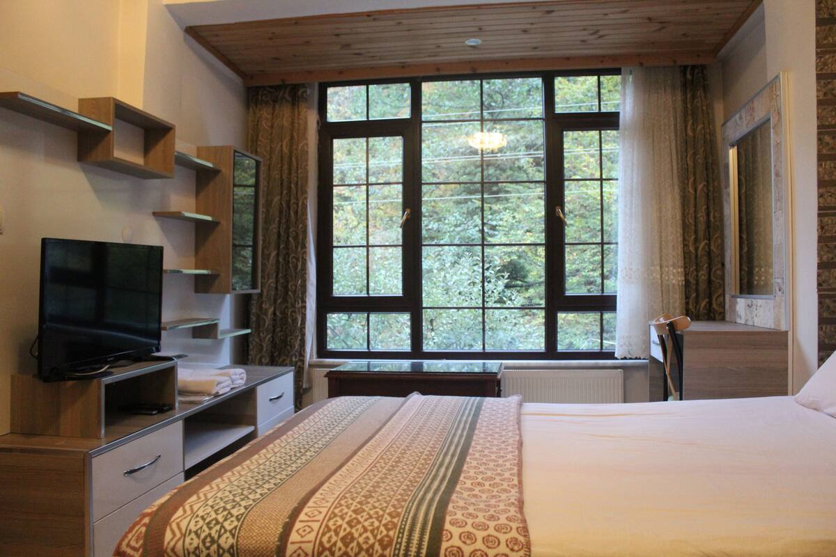 A bedroom with a bed, a TV on a stand, a desk, and a window with a view of trees.