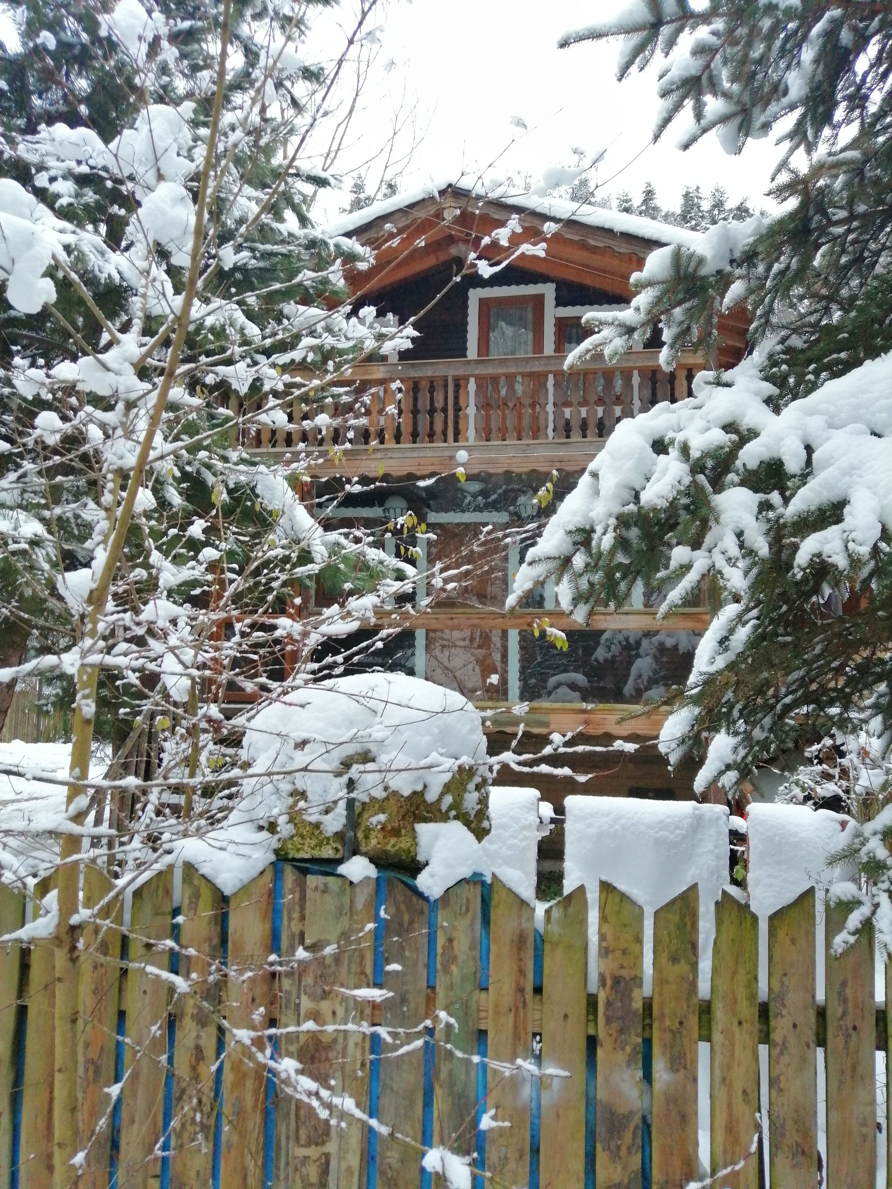A wooden cabin with a balcony, surrounded by snow-covered trees and a wooden fence.