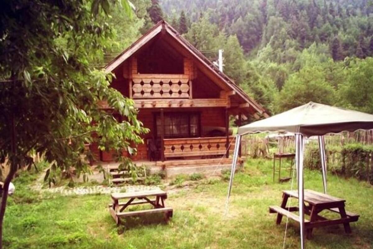 A wooden cabin with a porch and two picnic tables in a grassy area with trees.