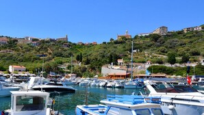 Un port de plaisance où sont amarrés des bateaux, entouré de bâtiments construits sur les flancs d’une colline et de verdure.