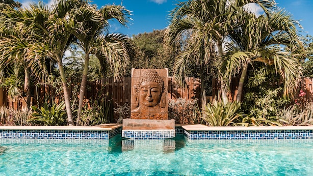 A pool with a Buddha statue in the center, surrounded by palm trees and a wooden fence. - A private vacation villa with gorgeous pool. (Kralendijk)