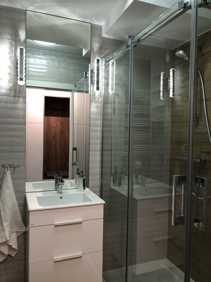 Deluxe Apartment (4) | Bathroom | Shower, free toiletries, hair dryer, towels