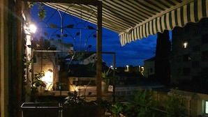 A balcony with potted plants and a metal gate, overlooking a residential area at dusk. - Apartment Trumbic (Split)