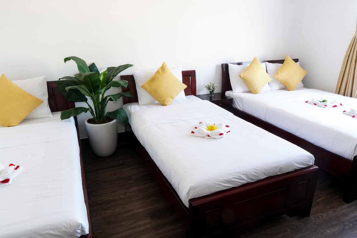 A hotel room with two single beds, a potted plant, and a small table with a flower arrangement.